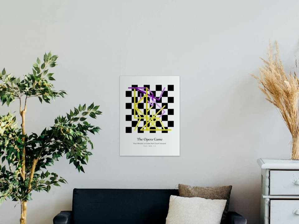 The Opera Game chess art as a poster on a living room wall